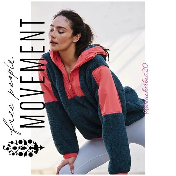 FP MOVEMENT Lead The Pack Pullover Fleece Teal Coral Combo Medium NWT - Picture 1 of 5